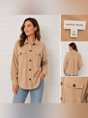 Hippie Rose Beige Ribbed Shacket Button Front Oversized Shirt Jacket Size S